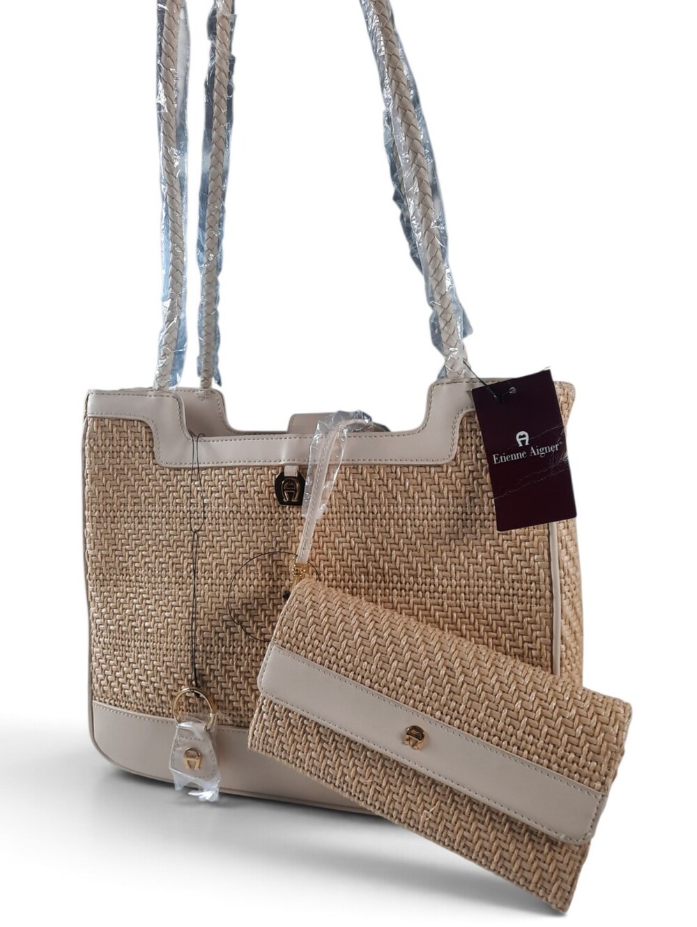 Vtg New ETIENNE AIGNER Set Bag Wallet Key Straw Leather Woven Raffia NWT Y2k 90s